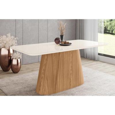 Mesa De Sala Jantar Olivia Sc120 C/ Tampo Madeirado C/ Vidro Curvo 180x90cm Nature/off White - Henn