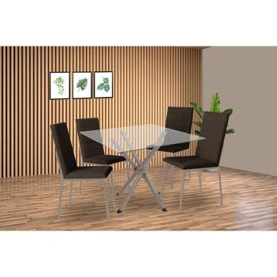 Sala De Jantar Completa Volga C/ Tampo De Vidro 90cm E 4 Cadeiras Amsterdã Niquel - Courano Marrom - Kappesberg