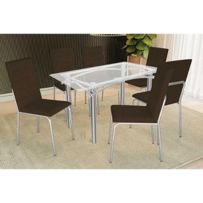 Sala De Jantar Completa Elba C/ Tampo De Vidro 150cm E 6 Cadeiras Amsterdã Cromada - Courano Marrom - Kappesberg