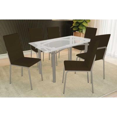 Sala De Jantar Completa Elba C/ Tampo De Vidro 150cm E 6 Cadeiras Amsterdã Niquel - Courano Marrom - Kappesberg