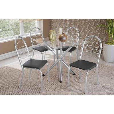 Sala De Jantar Completa Volga C/ Tampo De Vidro 90cm E 4 Cadeiras Holanda Cromada - Courano Preto - Kappesberg