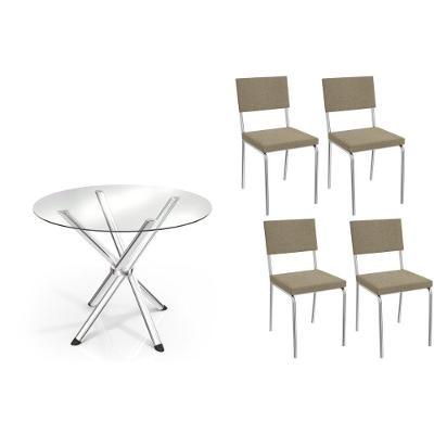 Sala De Jantar Completa Volga C/ Tampo De Vidro 95cm E 4 Cadeiras Zaria Cromada - Boucle Bege - Kappesberg