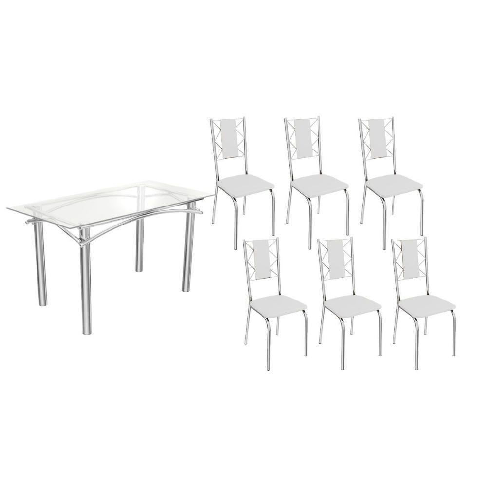 Sala De Jantar Completa Elba C/ Tampo De Vidro 150cm E 6 Cadeiras Lisboa Cromada - Courano Branco - Kappesberg - 1