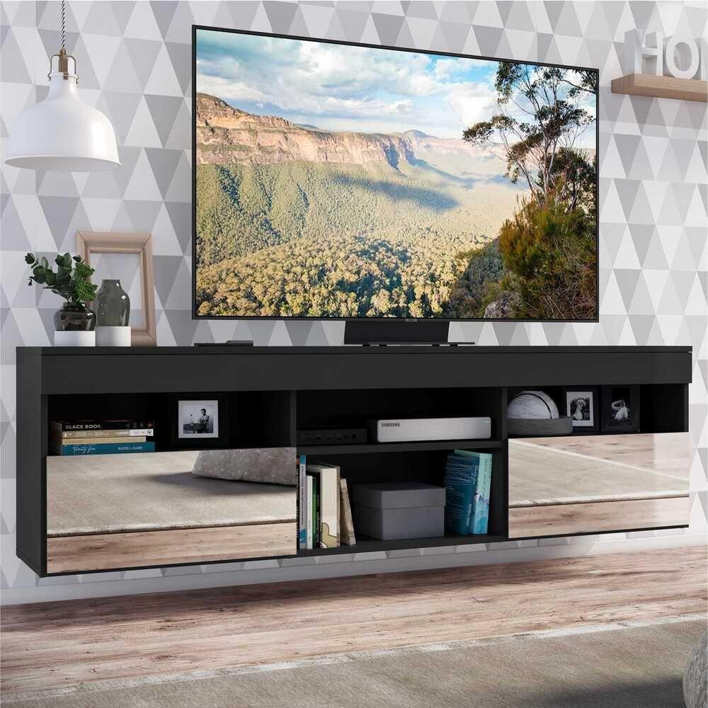 Rack Tv 65" Suspenso Com Espelho 2 Portas Paris Multimóveis V3331 Preto Preto - 7