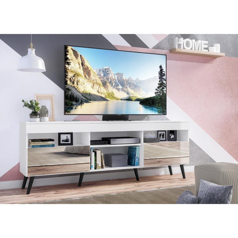 Rack Tv 65" Retrô Com Espelho 2 Portas Paris Multimóveis V3332 Branco/Preto Branco/Preto - 2