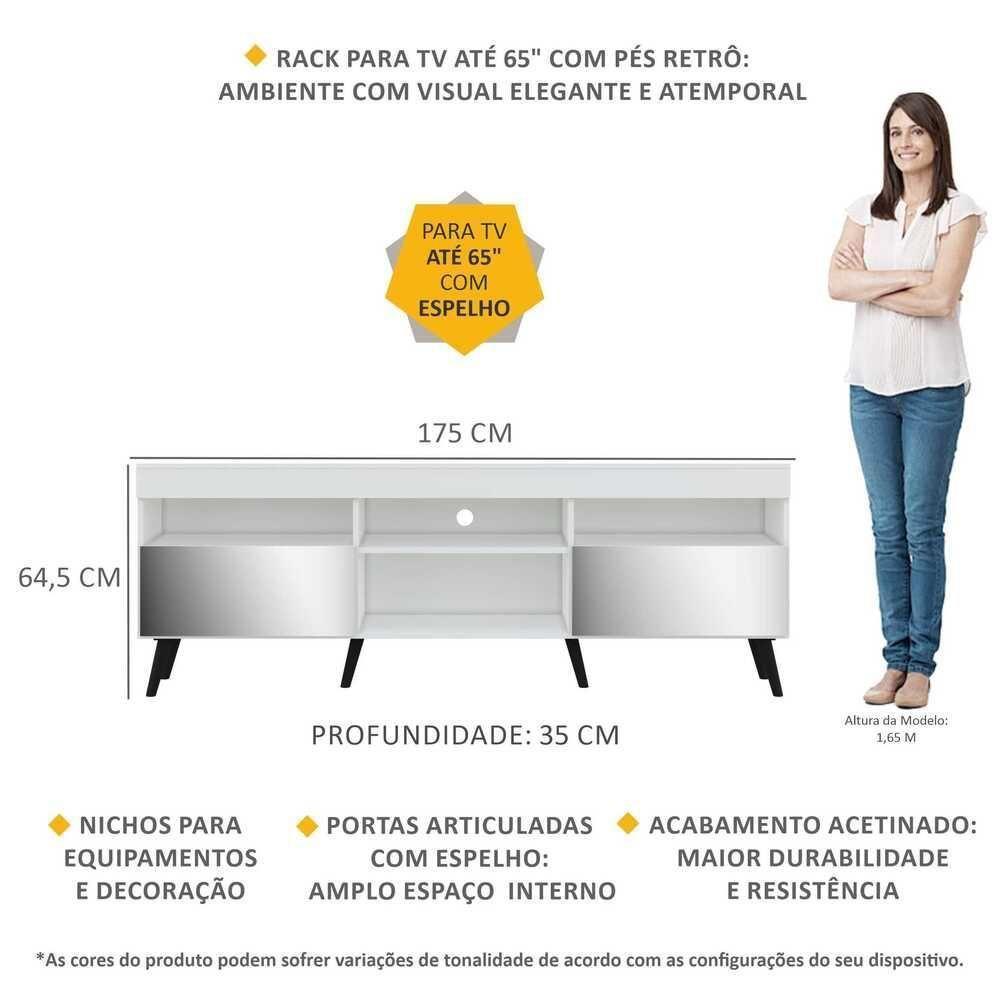 Rack Tv 65" Retrô Com Espelho 2 Portas Paris Multimóveis V3332 Branco/Preto Branco/Preto - 6