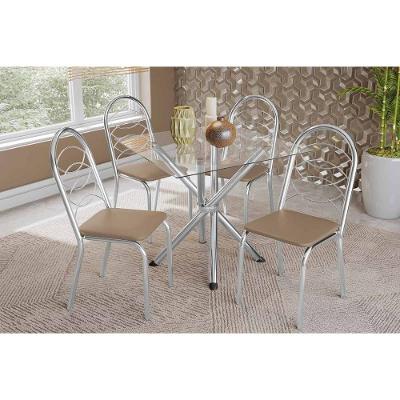 Sala De Jantar Completa Volga C/ Tampo De Vidro 90cm E 4 Cadeiras Holanda Cromada - Courano Bege - Kappesberg