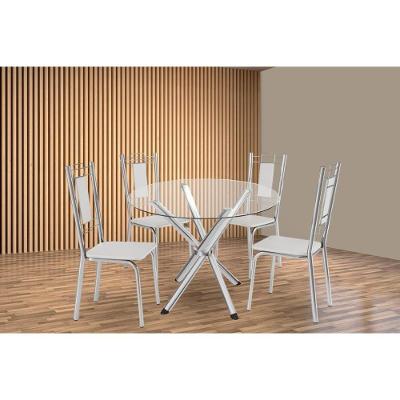 Sala De Jantar Completa Volga C/ Tampo De Vidro 95cm E 4 Cadeiras Florença Cromada - Courano Branco - Kappesberg
