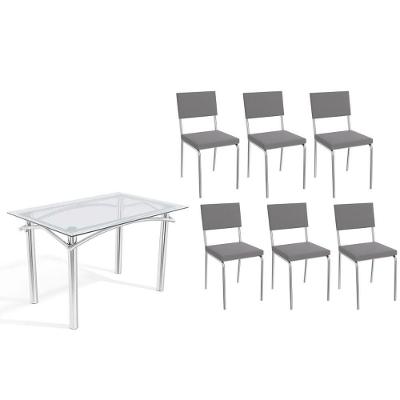Sala De Jantar Completa Elba C/ Tampo De Vidro 120cm E 6 Cadeiras Zaria Cromada - Suede Cinza - Kappesberg