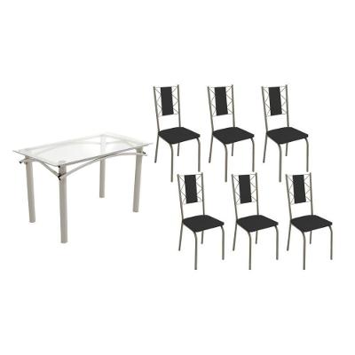 Sala De Jantar Completa Elba C/ Tampo De Vidro 120cm E 6 Cadeiras Lisboa Niquel - Courano Preto - Kappesberg