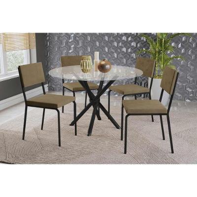 Sala De Jantar Completa Volga C/ Tampo De Vidro 95cm E 4 Cadeiras Zaria Preto - Suede Bege - Kappesberg