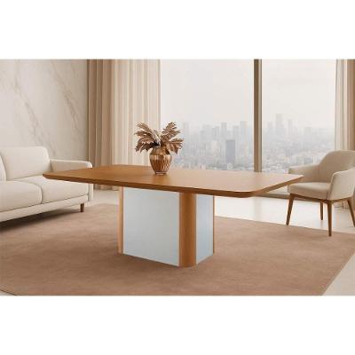 Mesa De Sala Jantar Pietá C/ Tampo Madeirado C/ Canto Curvo 180x90cm Off White/naturale/naturale - Rufato
