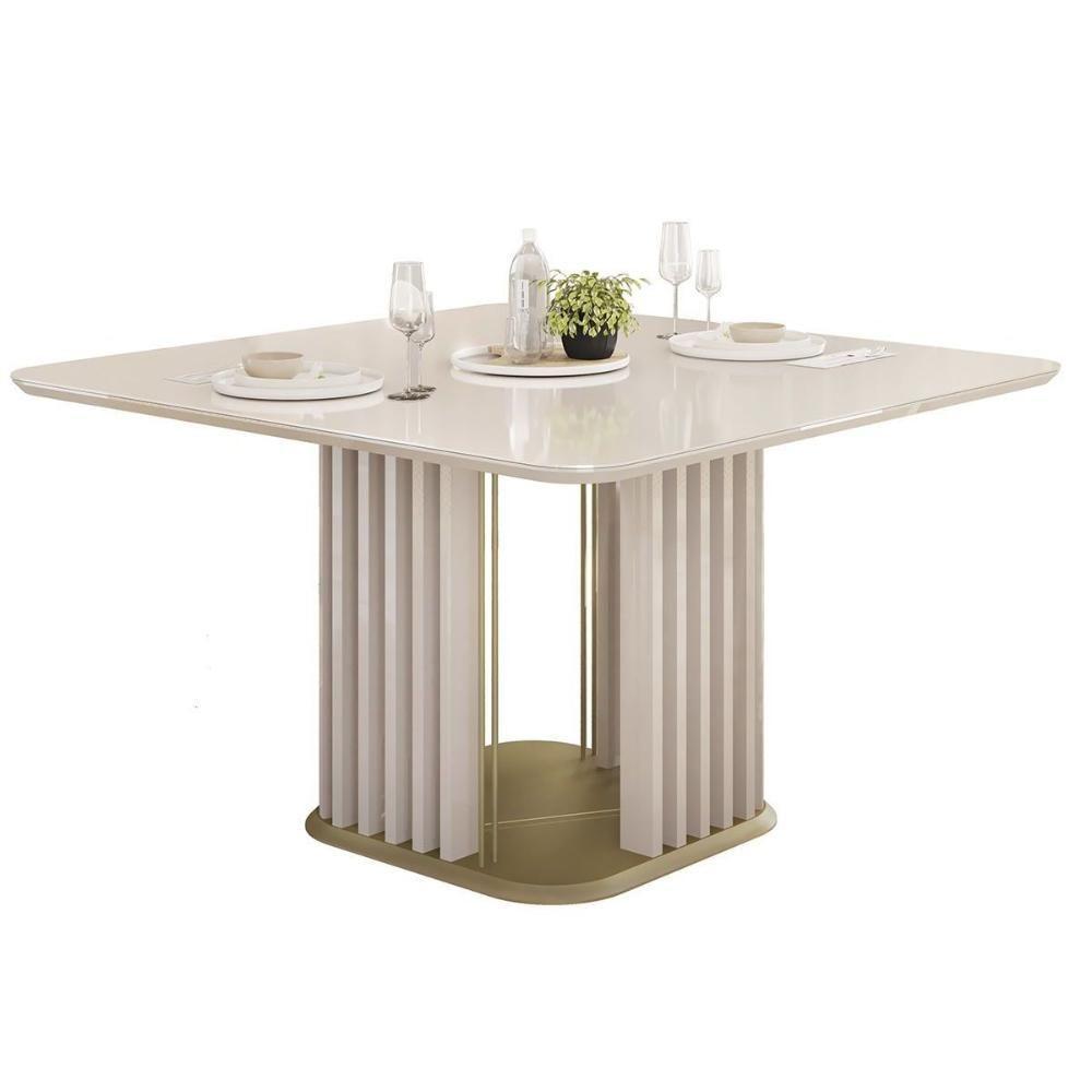 Mesa De Sala Jantar Melissa C/ Tampo Madeirado C/ Vidro Curvo 136x136cm Off White/off White - Dj Móveis - 1