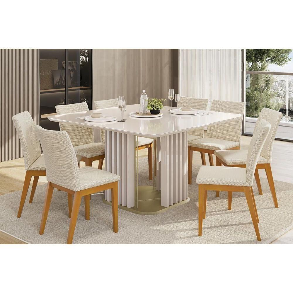 Mesa De Sala Jantar Melissa C/ Tampo Madeirado C/ Vidro Curvo 136x136cm Off White/off White - Dj Móveis - 3