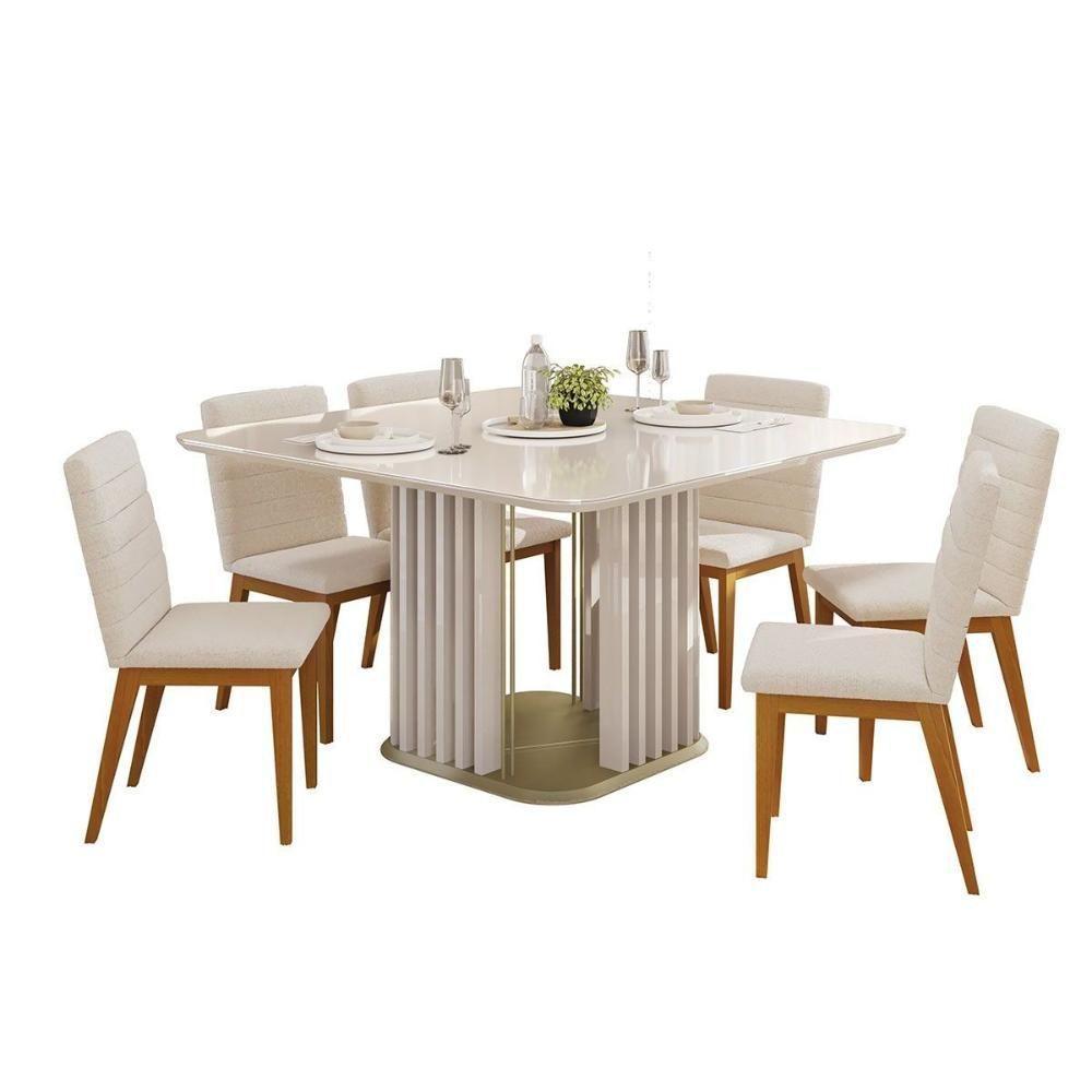 Mesa De Sala Jantar Melissa C/ Tampo Madeirado C/ Vidro Curvo 136x136cm Off White/off White - Dj Móveis - 4