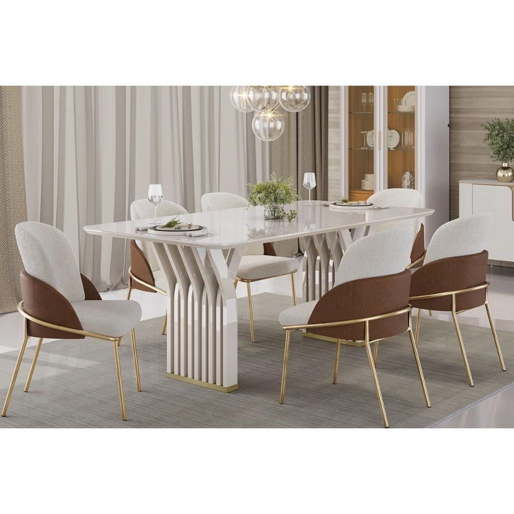 Mesa De Sala Jantar Yara C/ Tampo Madeirado C/ Vidro Curvo 170x90cm Off White/off White - Dj Móveis - 3