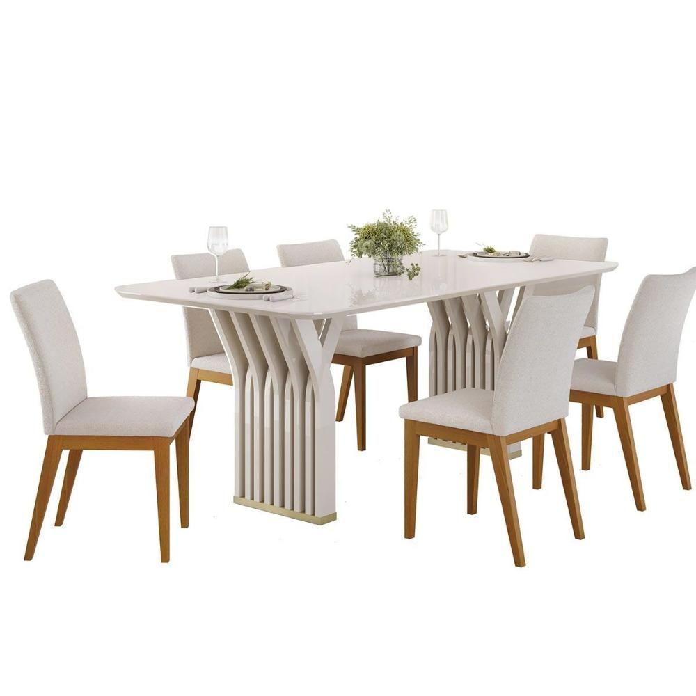 Mesa De Sala Jantar Yara C/ Tampo Madeirado C/ Vidro Curvo 170x90cm Off White/off White - Dj Móveis - 4