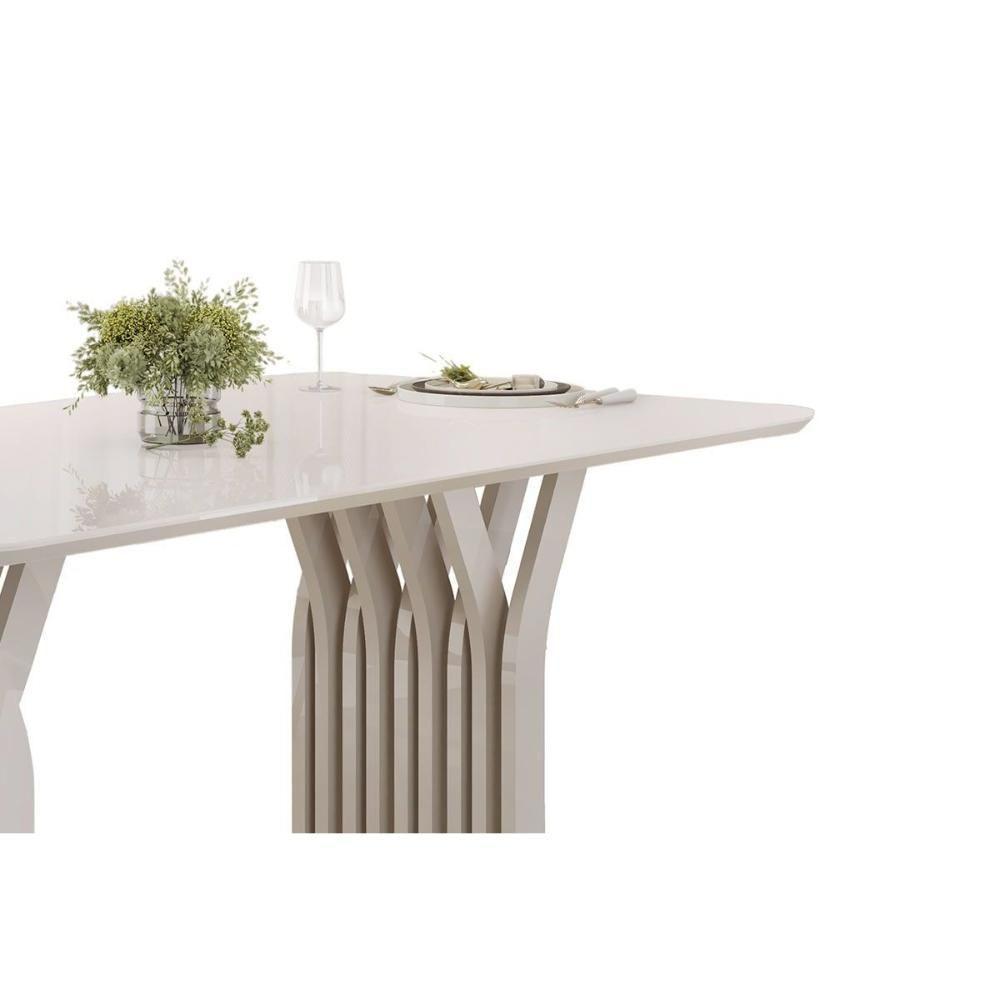 Mesa De Sala Jantar Yara C/ Tampo Madeirado C/ Vidro Curvo 170x90cm Off White/off White - Dj Móveis - 5