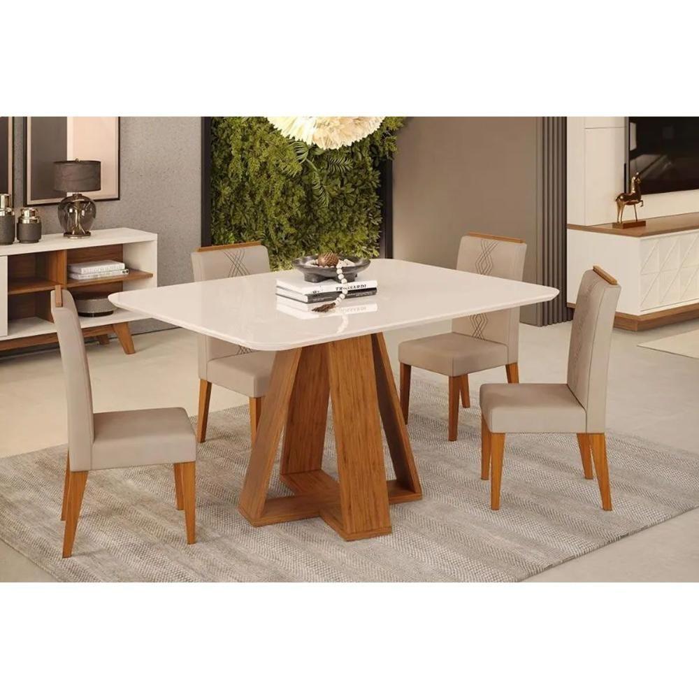 Mesa De Sala Jantar Kiara C/ Tampo Madeirado C/ Vidro Curvo 120x90cm Cedro/off White - Dj Móveis - 3