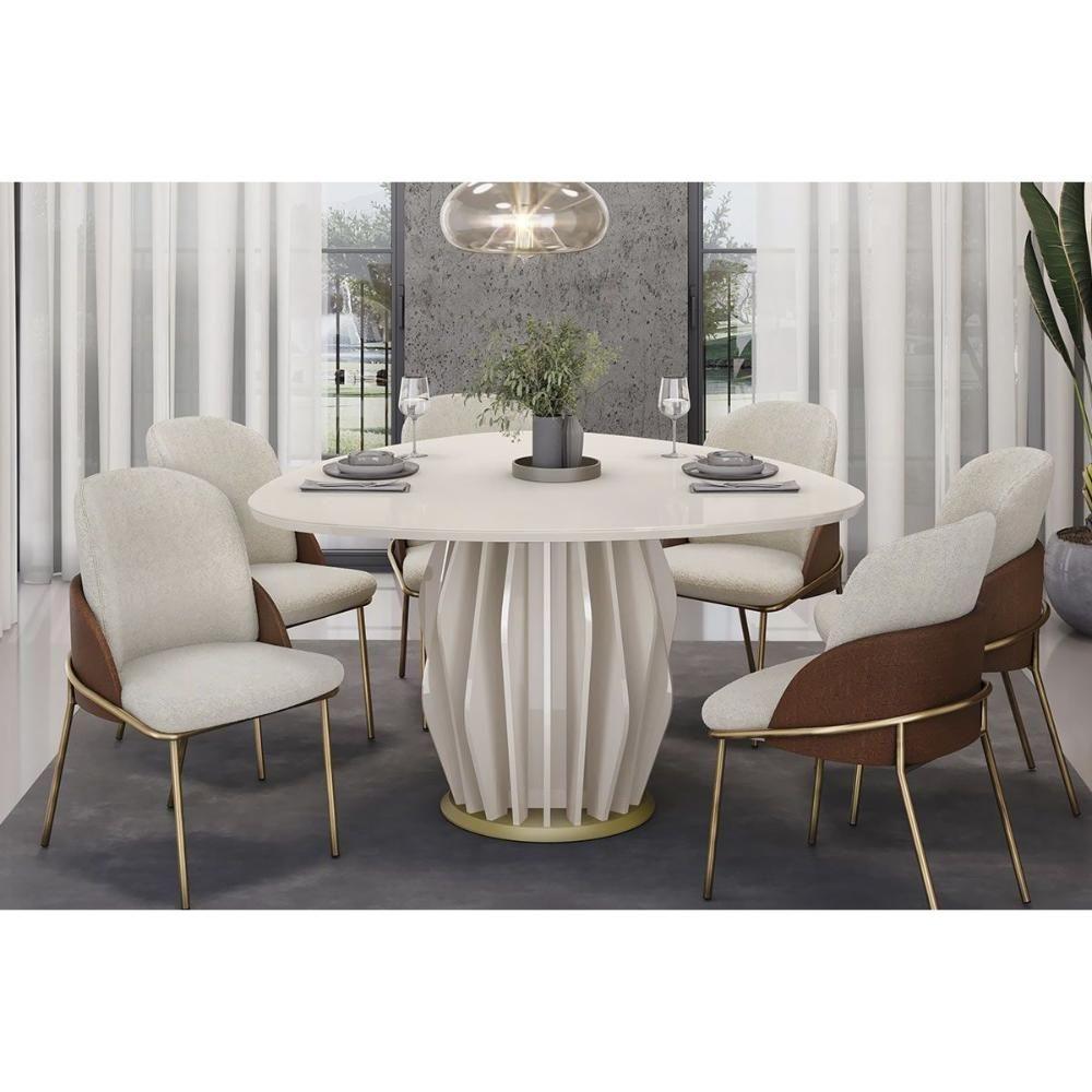 Mesa De Sala Jantar Tokyo C/ Tampo Madeirado C/ Vidro Orgânico 136x136cm Off White/off White - Dj Móveis - 3