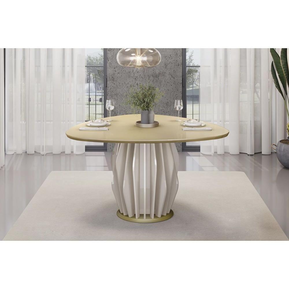 Mesa De Sala Jantar Tokyo C/ Tampo Madeirado C/ Vidro Orgânico 136x136cm Off White/dourado - Dj Móveis - 6
