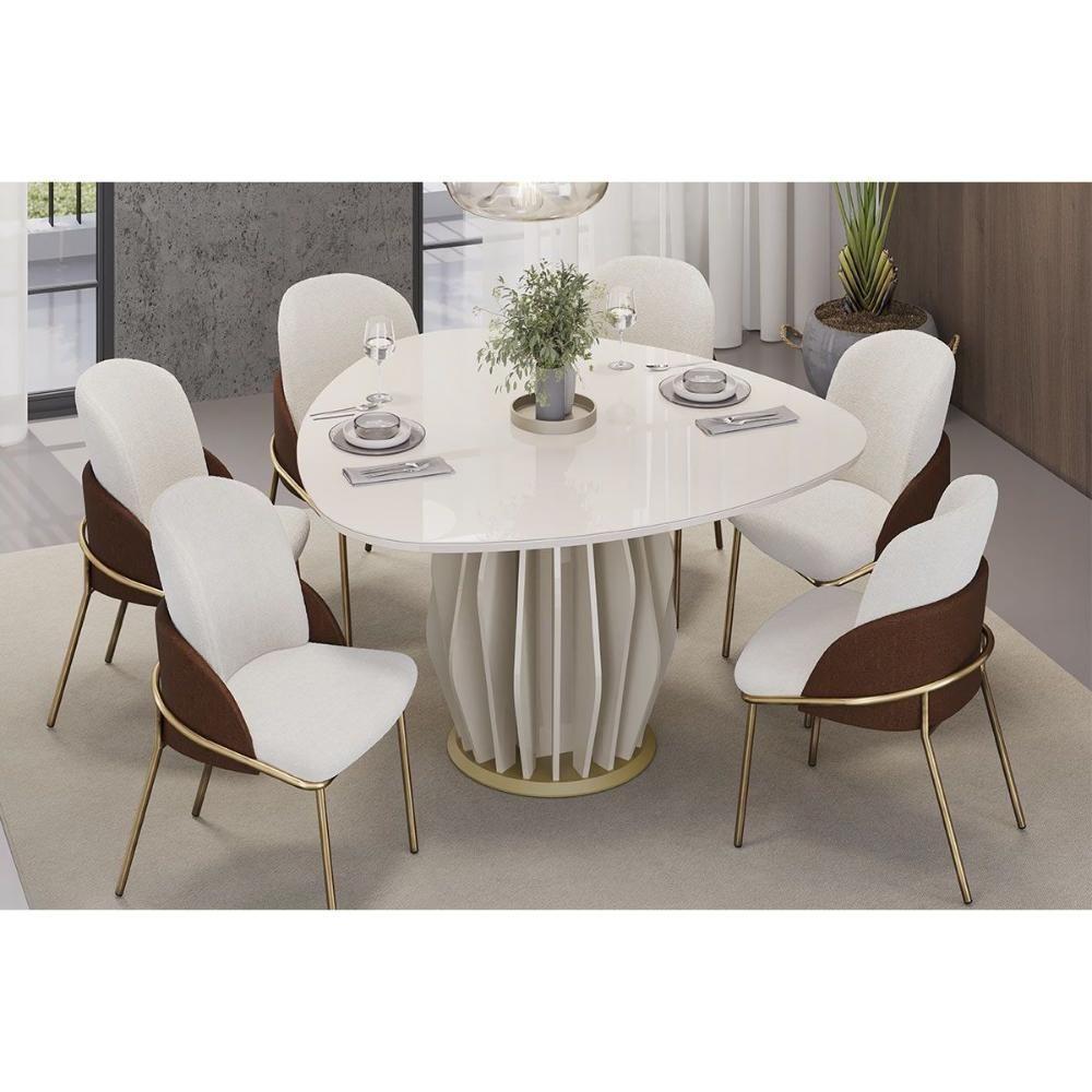 Mesa De Sala Jantar Tokyo C/ Tampo Madeirado C/ Vidro Orgânico 136x136cm Off White/dourado - Dj Móveis - 8