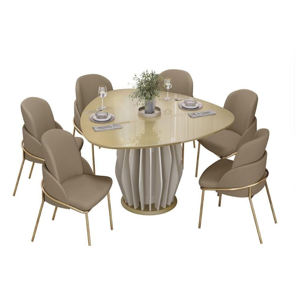 Mesa De Sala Jantar Tokyo C/ Tampo Madeirado C/ Vidro Orgânico 136x136cm Off White/dourado - Dj Móveis - 9