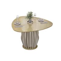 Mesa De Sala Jantar Tokyo C/ Tampo Madeirado C/ Vidro Orgânico 136x136cm Off White/dourado - Dj Móveis - 1