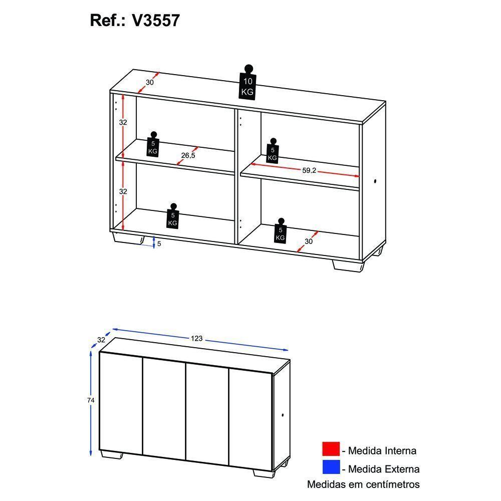 Aparador Buffet 4 Portas Com Pés Quadrados Veneza Multimóveis V3557 Branco/Natural Branco/Natural - 5
