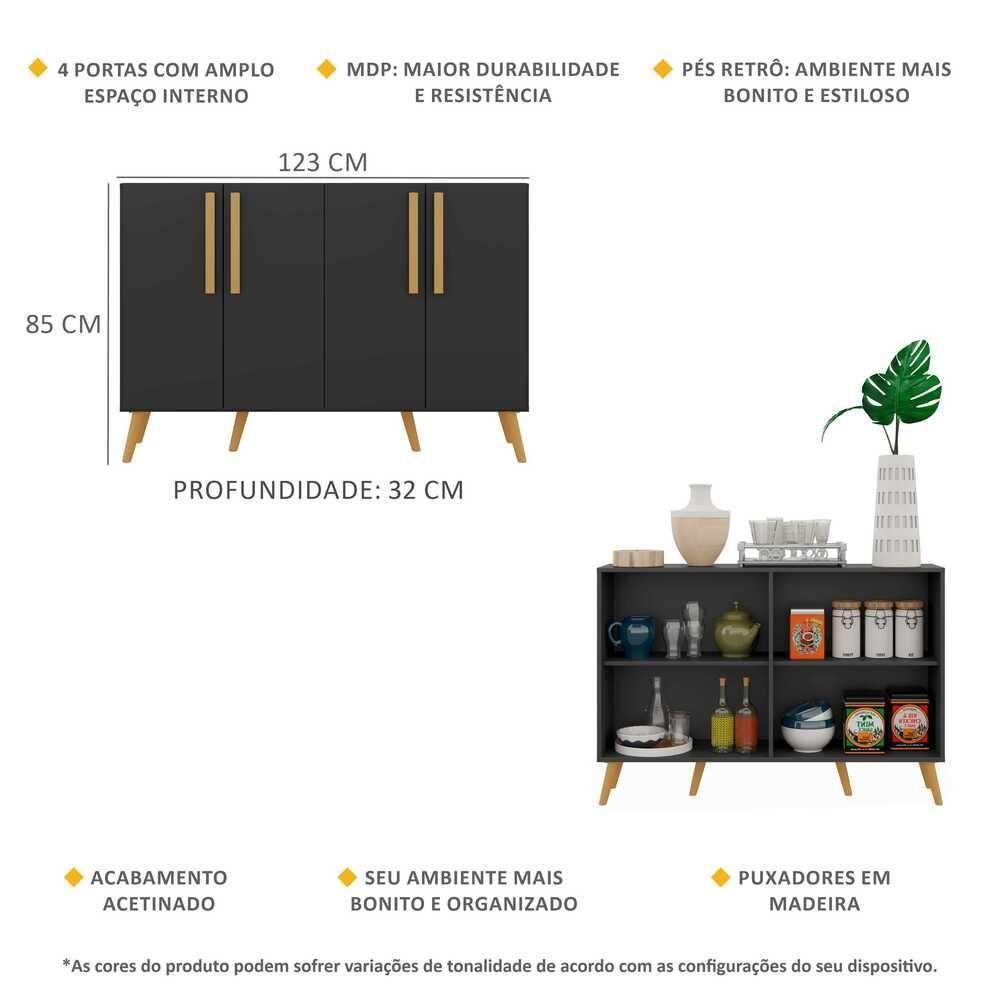 Aparador Buffet 4 Portas Com Pés Retrô Viena Preto/natural - 2