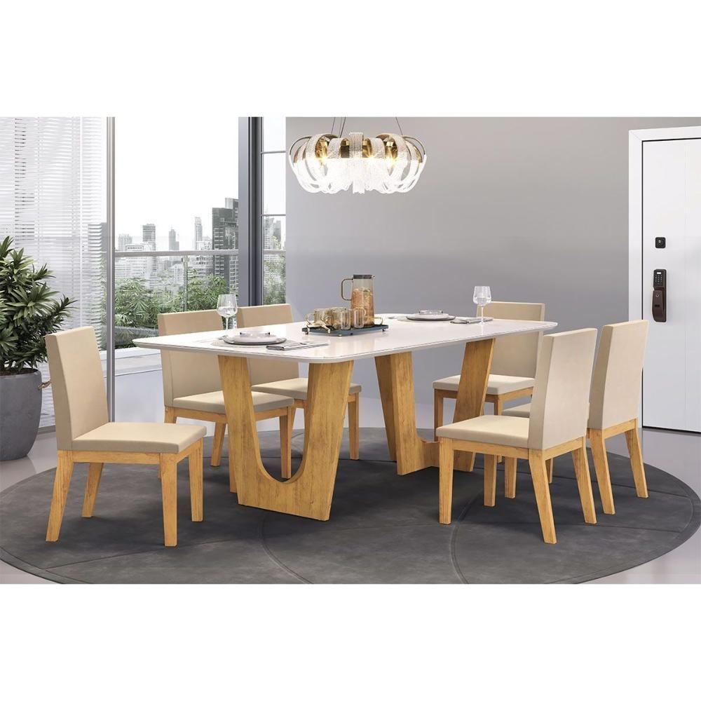 Mesa De Sala Jantar Nala C/ Tampo Madeirado C/ Vidro Curvo 170x90cm Freijo/off White - Dj Móveis - 4