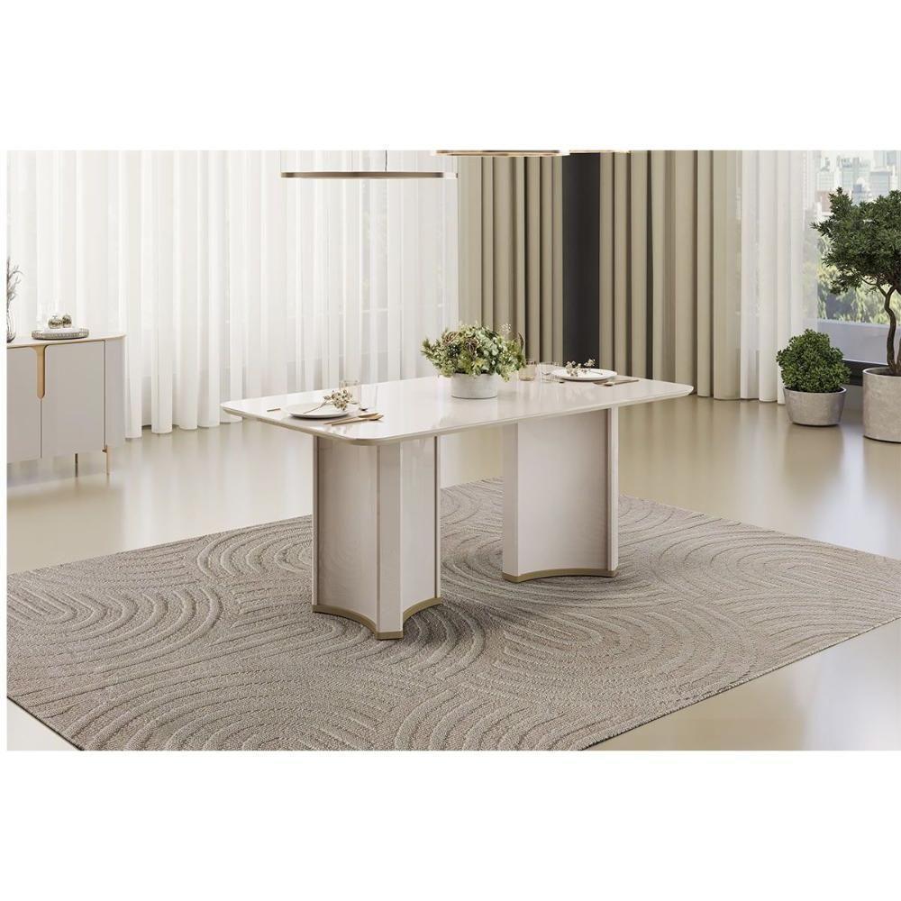 Mesa De Sala Jantar Liz C/ Tampo Madeirado C/ Vidro Curvo 180x100cm Off White/off White - Dj Móveis - 1