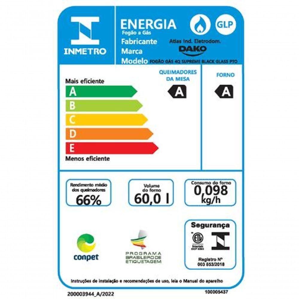 Fogão 4 Bocas Dako Supreme Black Glass Digital Com Mesa De Vidro Preto Bivolt - 10