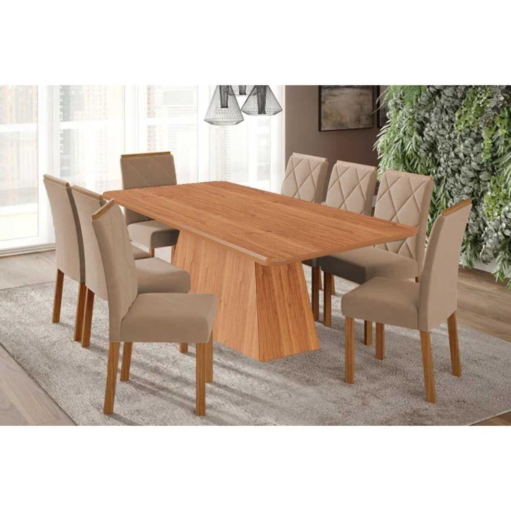 Sala De Jantar Completa Helena Tampo Madeirado 210x100cm E 8 Cadeiras Fernanda Cinamomo - Carvalho/linho Bege - Cimol - 1