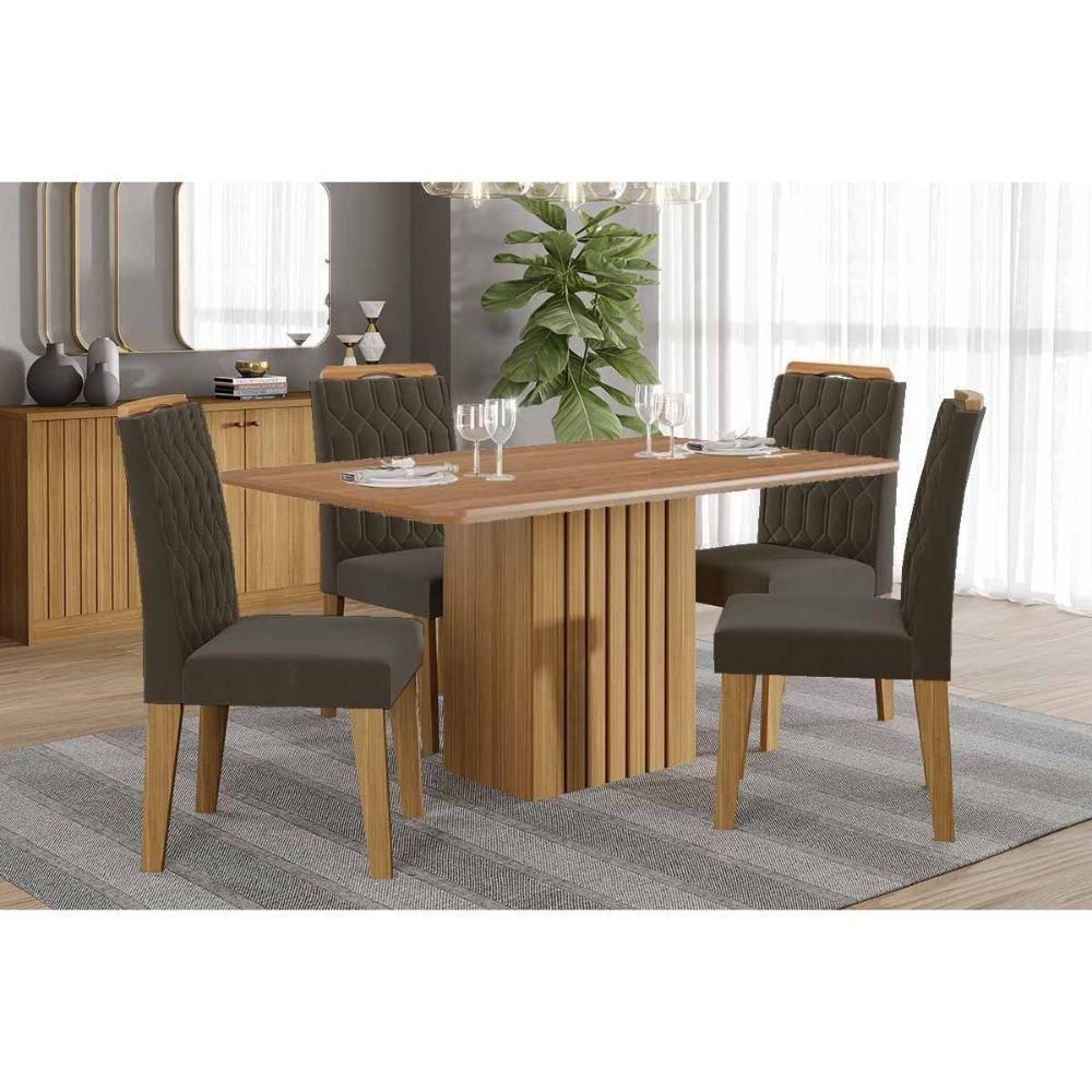 Sala De Jantar Completa Ana Tampo Madeirado 130x80cm E 4 Cadeiras Paola Cinamomo - Carvalho/linho Grafite - Cimol - 1