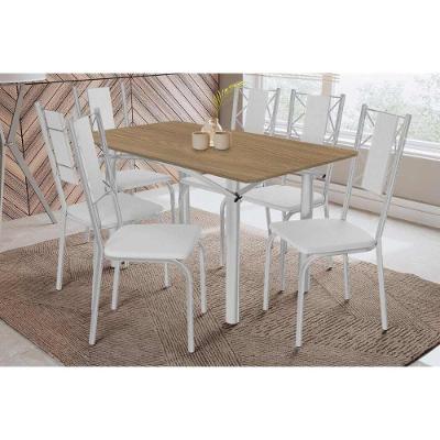 Sala De Jantar Completa Elba C/ Tampo De Madeira 160cm E 6 Cadeiras Lisboa Cromada/nogueira - Corano Branco - Kappesberg