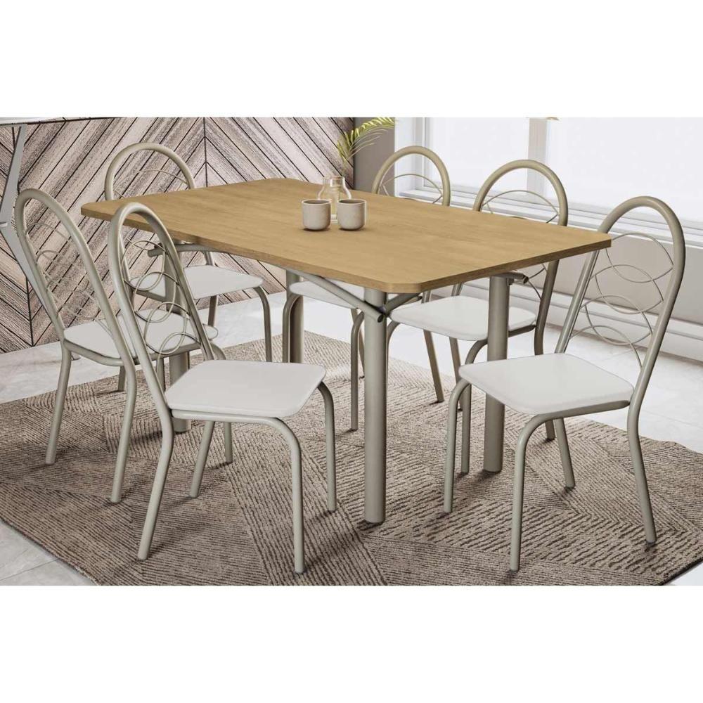 Sala De Jantar Completa Elba C/ Tampo De Madeira 160cm E 6 Cadeiras Noruega Niquel/nogueira - Corano Branco - Kappesberg - 1