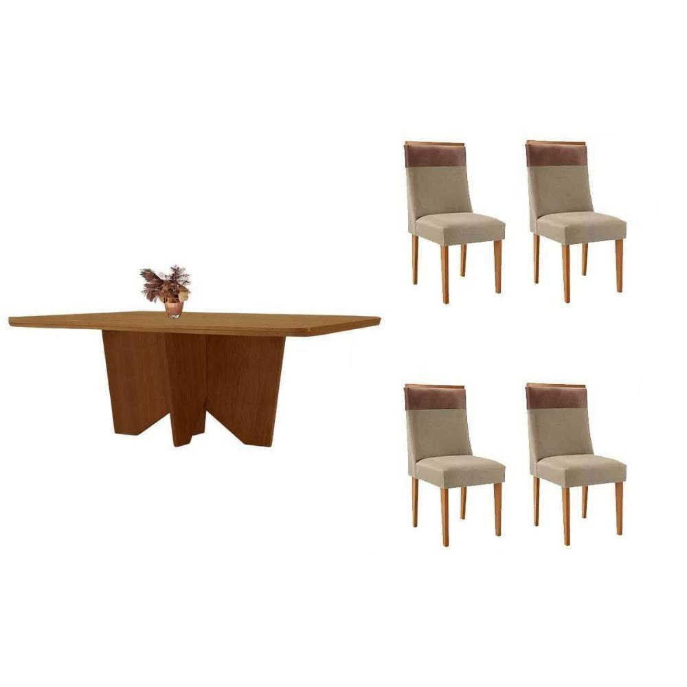 Sala De Jantar Completa Nevada C/ Tampo Madeirado Canto Curvo 120x80cm E 4 Cadeiras Jaspe Naturale - Linho Bege - Rufato - 1