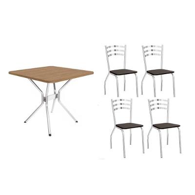 Sala De Jantar Completa Loire C/ Tampo De Madeira 90cm + 4 Cadeiras Portugal Cromada - Corano Preto - Kappesberg