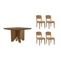 Sala De Jantar Completa Nevada C/ Tampo Madeirado Canto Curvo 90x90cm E 4 Cadeiras Havana Naturale - Linho Bege - Rufato - 1