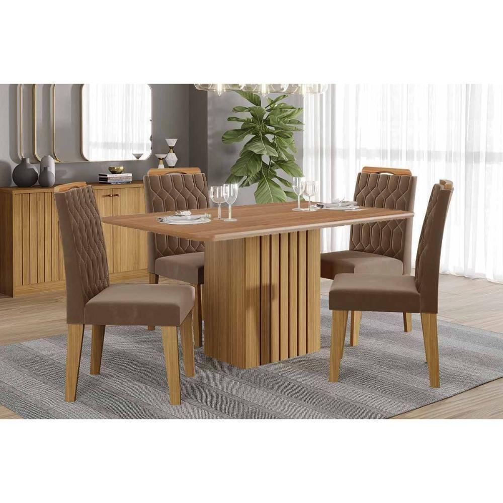 Sala De Jantar Completa Ana Tampo Madeirado 130x80cm E 4 Cadeiras Paola Cinamomo - Carvalho/suede Joli Capuccino - Cimol - 1