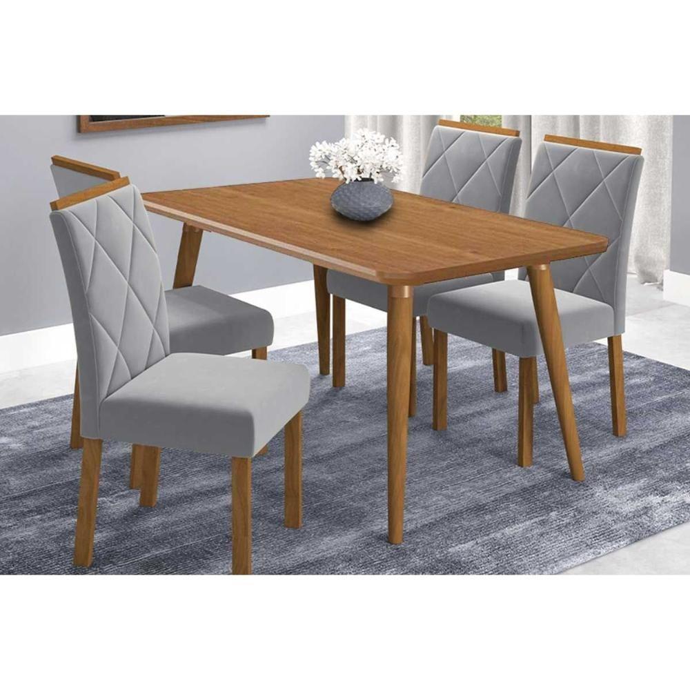 Sala De Jantar Completa Adele Tampo Madeirado 130x80cm E 4 Cadeiras Fernanda Carvalho/cinamomo - Linho Grafite - Cimol - 1