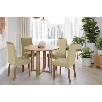 Sala De Jantar Completa Flora Tampo Madeirado 109cm E 4 Cadeiras Juliana Cinamomo - Carvalho/suede Nude Bege - Cimol