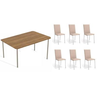 Sala De Jantar Completa Sena C/ Tampo De Madeira 1.60cm + 6 Cadeiras Amsterdã Niquel/corano Bege - Kappesberg