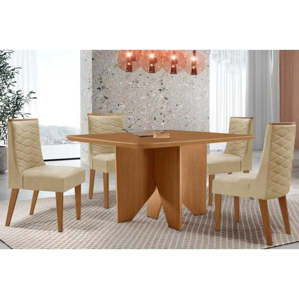 Sala De Jantar Completa Nevada C/ Tampo Madeirado Canto Curvo 90x90cm E 4 Cadeiras Dafne Naturale - Suede Creme - Rufato - 1