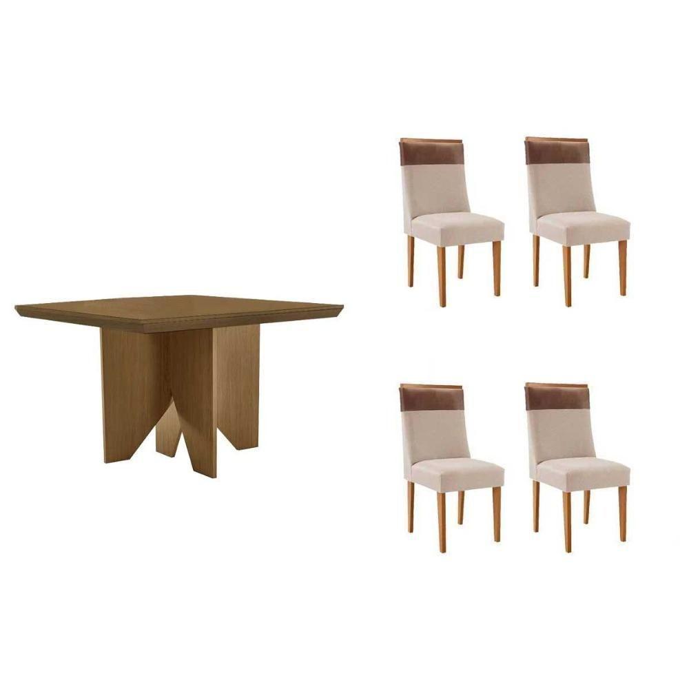 Sala De Jantar Completa Nevada C/ Tampo Madeirado Canto Curvo 90x90cm E 4 Cadeiras Jaspe Naturale - Suede Creme - Rufato - 1