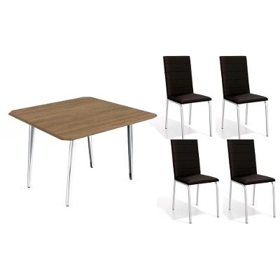 Sala De Jantar Completa Iguaçu C/ Tampo De Madeira 90cm + 4 Cadeiras Amsterdã Cromada - Corano Preto - Kappesberg