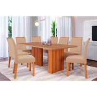 Sala De Jantar Completa Ester Tampo Madeirado 210x100cm E 8 Cadeiras Paola Cinamomo - Carvalho/linho Bege - Cimol - 1