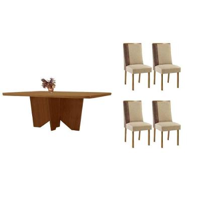 Sala De Jantar Completa Nevada C/ Tampo Madeirado Canto Curvo 120x80cm E 4 Cadeiras Tilia Naturale - Linho Bege - Rufato