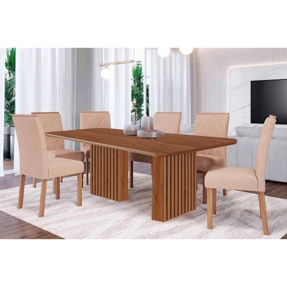 Sala De Jantar Completa Ester Tampo Madeirado 180x90cm E 6 Cadeiras Fernanda Cinamomo - Carvalho/suede Nude Bege - Cimol - 1